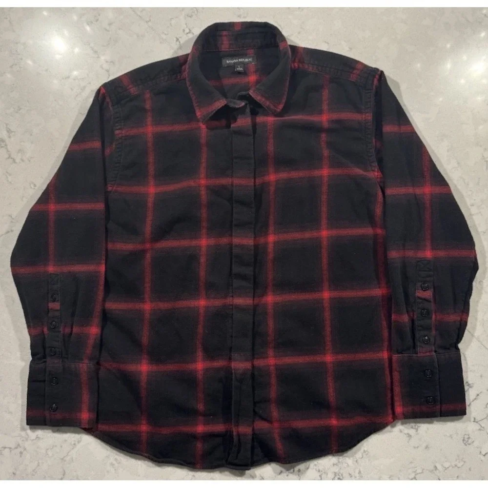 Banana Republic Flannel Shirt Mens Large Red Black Plaid Long Sleeve Casual Logo
